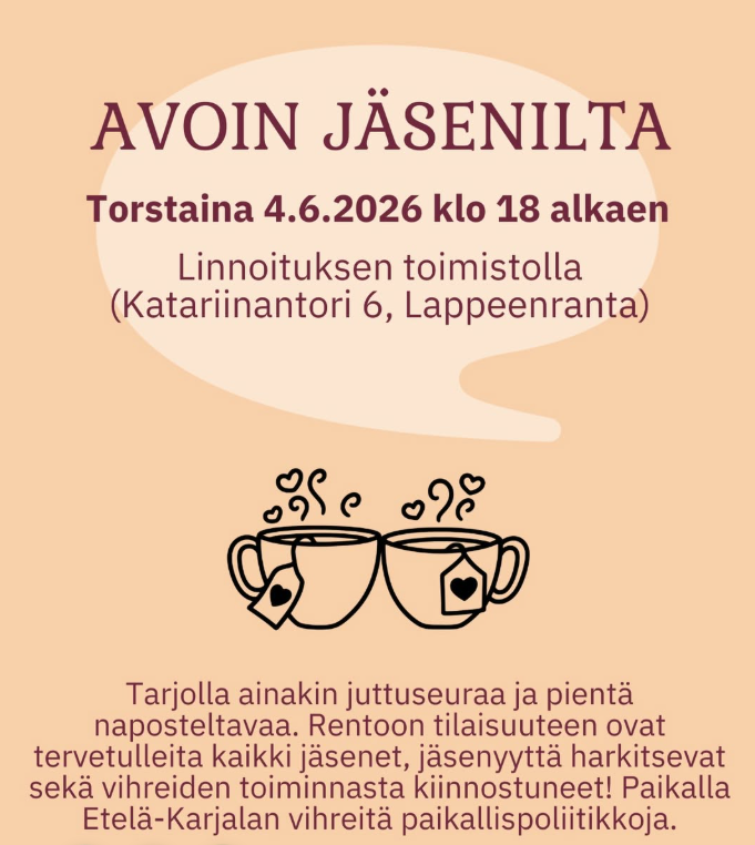 Etelä-Karjalan vihreiden jäsenilta torstaina 4.6 klo 18
