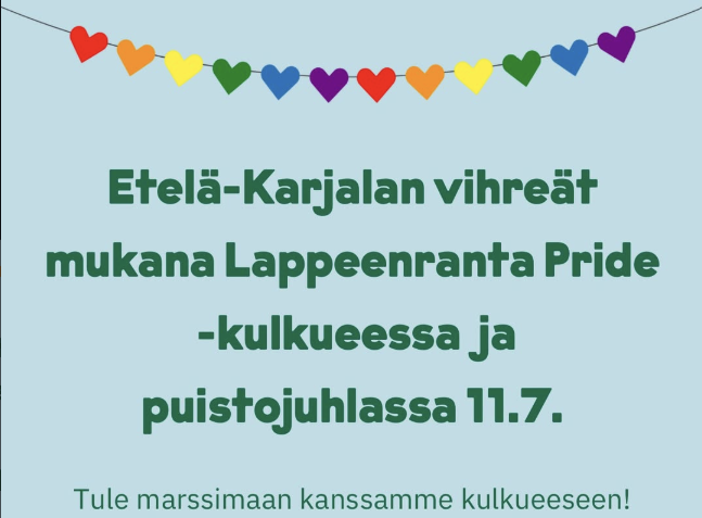 Etelä-Karjalan vihreät mukana Lappeenranta Pride-kulkueessa ja puistojuhlassa 11.7